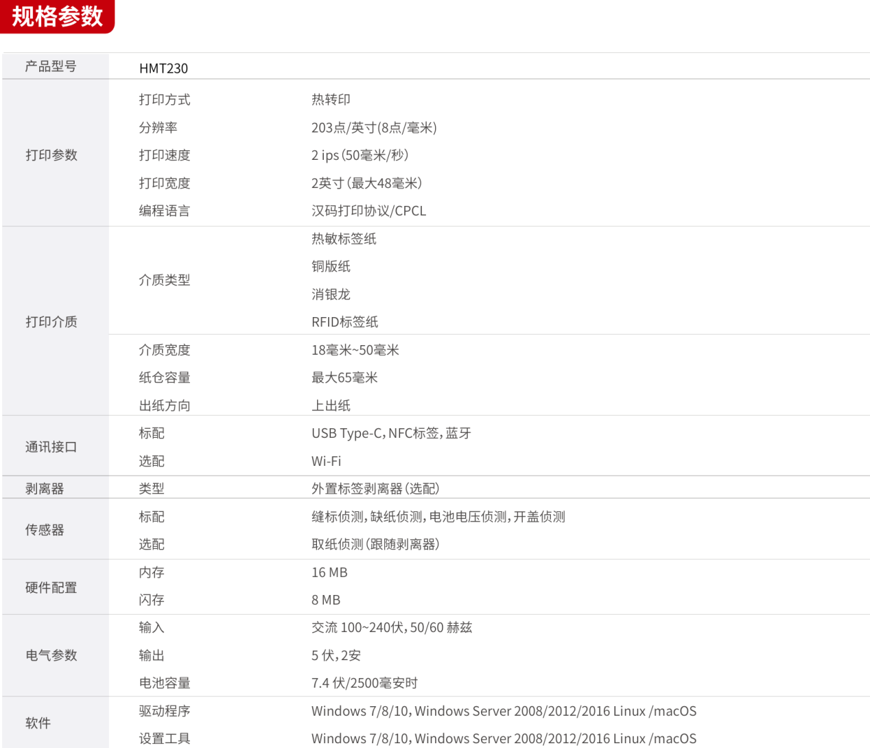 HM-T230热转印打印机参数